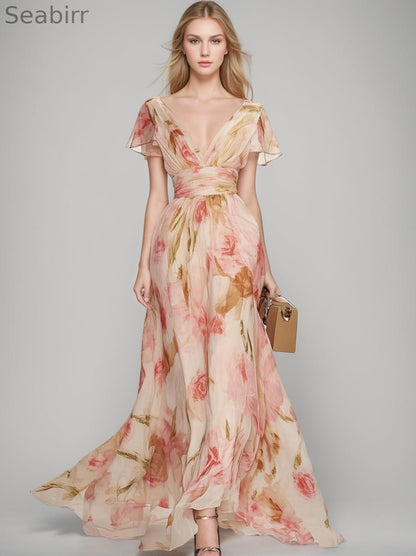 V-neck Short-sleeved Ruffled Floral Print Dress