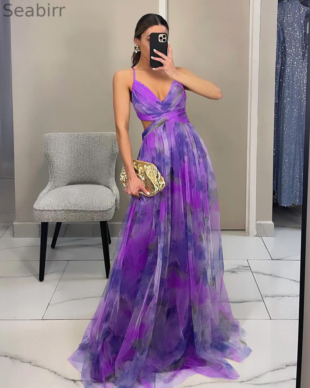 Elegant Painted Floral Print V-Neck A-Line Maxi Dress