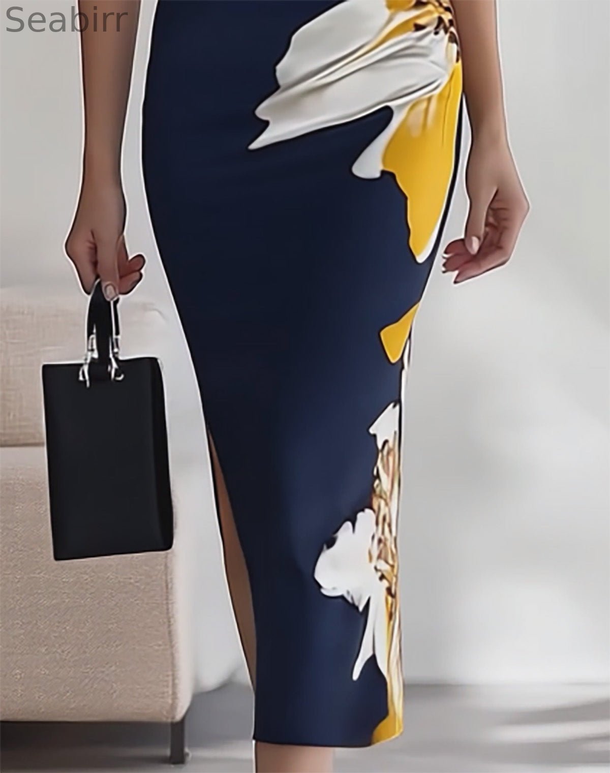 Navy Blue V-Neck Sleeveless Dress with Floral Print