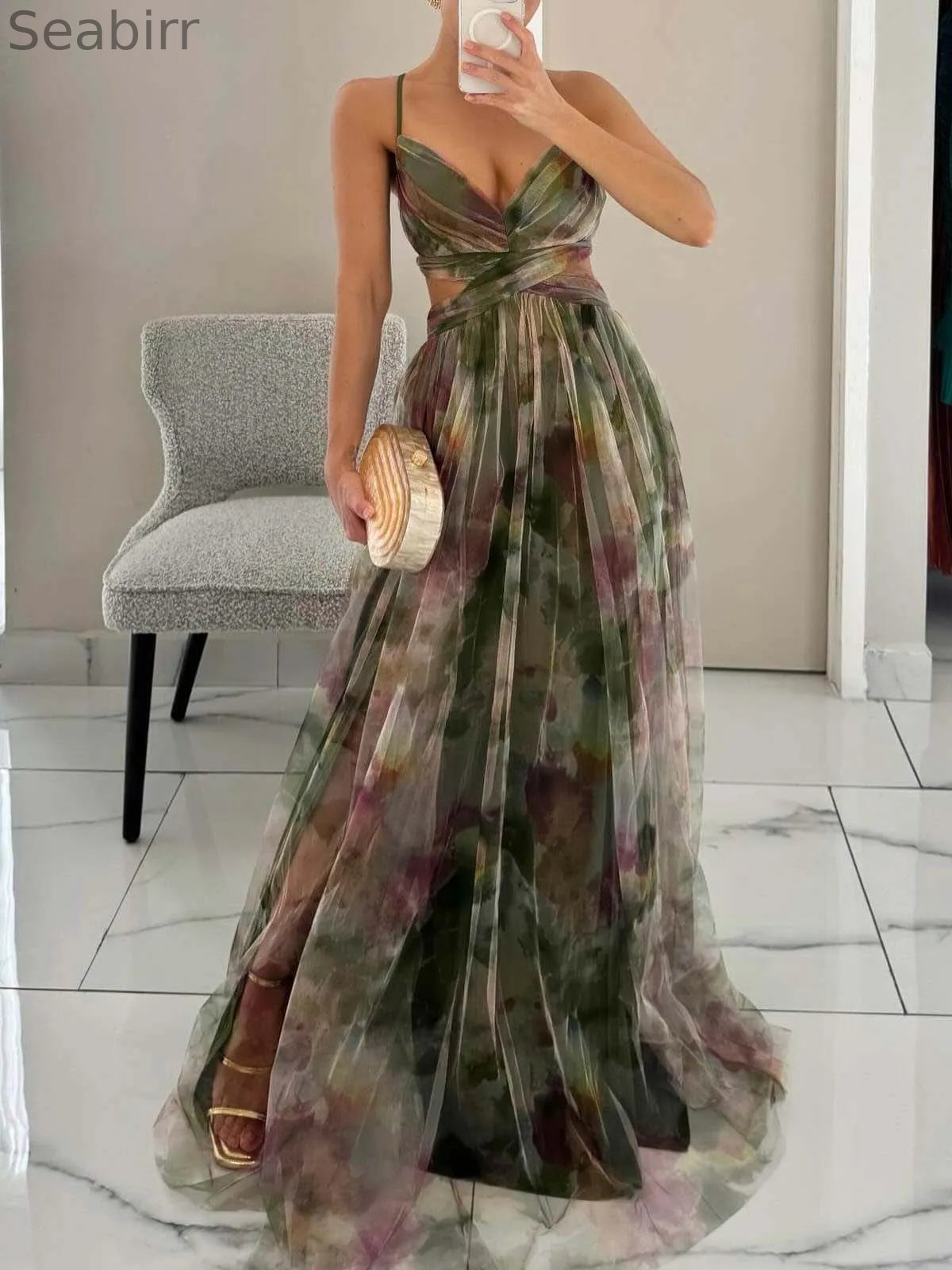 Elegant Painted Floral Print V-Neck A-Line Maxi Dress