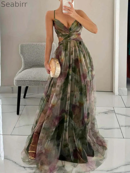 Elegant Painted Floral Print V-Neck A-Line Maxi Dress