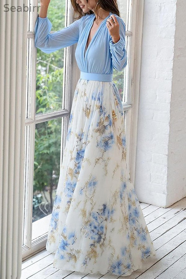 Plant Print V-neck Long Sleeve Elegant Stitching Maxi Dress