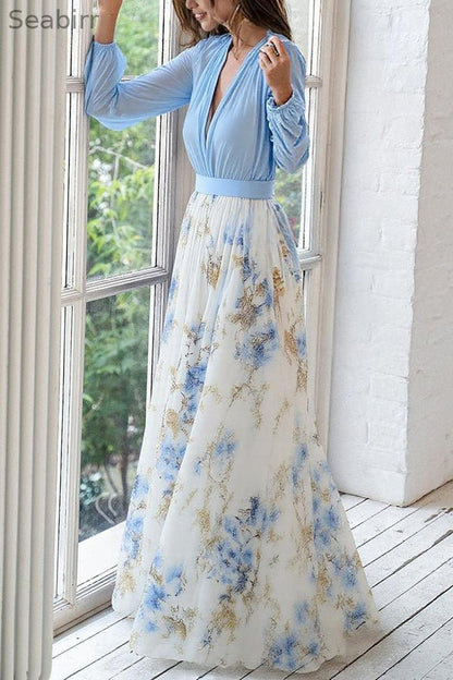 Plant Print V-neck Long Sleeve Elegant Stitching Maxi Dress