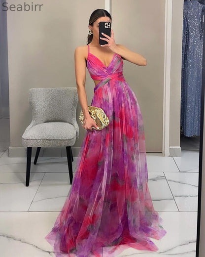 Elegant Painted Floral Print V-Neck A-Line Maxi Dress