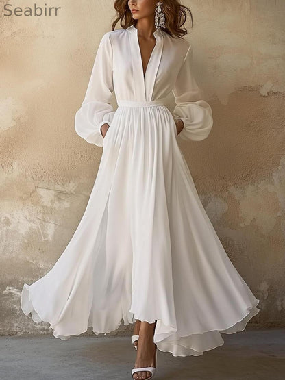 Vintage-Inspired White V-Neck Maxi Dress