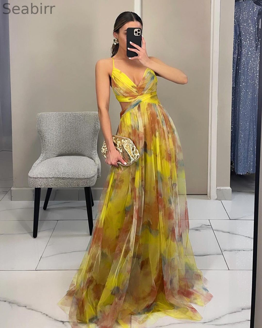 Elegant Painted Floral Print V-Neck A-Line Maxi Dress