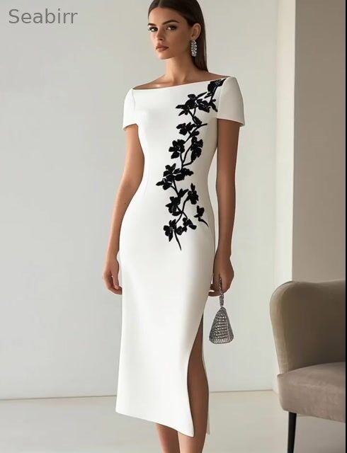 Chic Boatneck Dress with Asymmetrical Floral Print