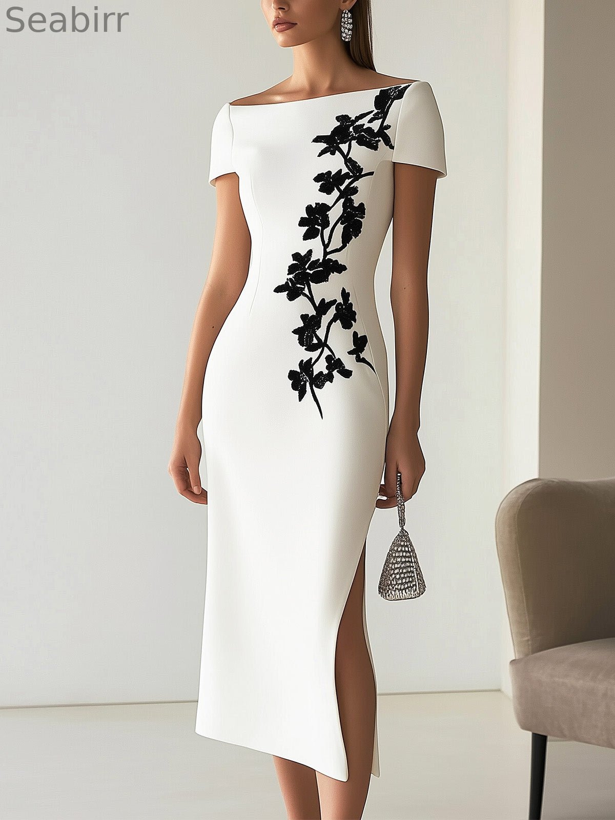 Chic Boatneck Dress with Asymmetrical Floral Print