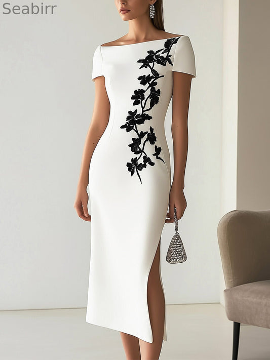 Chic Boatneck Dress with Asymmetrical Floral Print