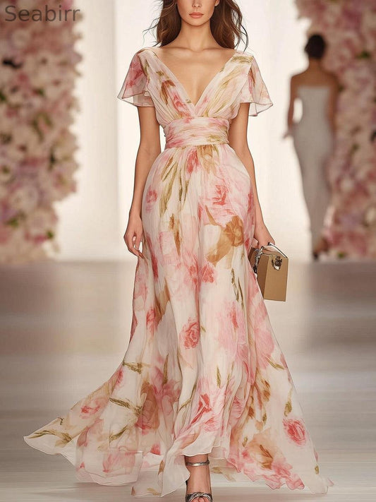 V-neck Short-sleeved Ruffled Floral Print Dress