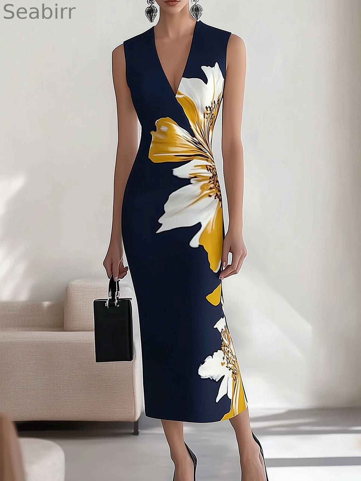 Navy Blue V-Neck Sleeveless Dress with Floral Print