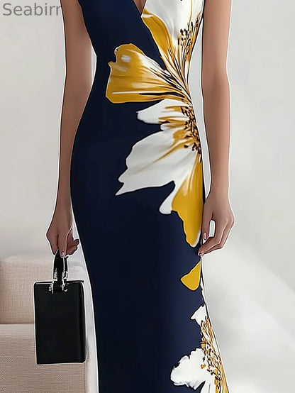 Navy Blue V-Neck Sleeveless Dress with Floral Print