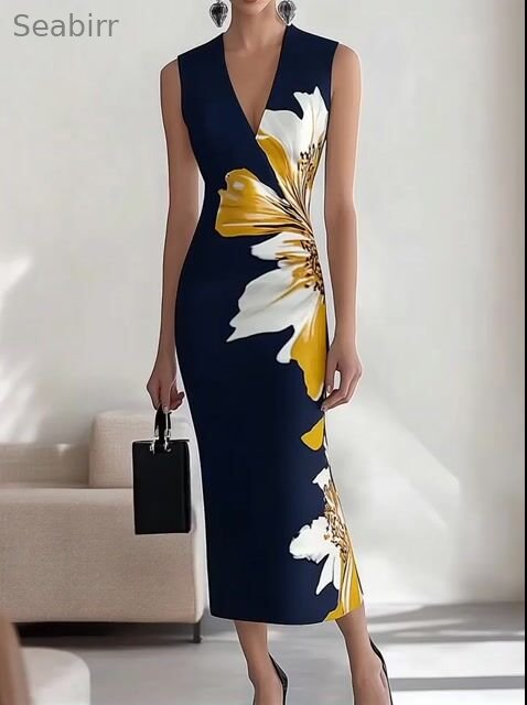 Navy Blue V-Neck Sleeveless Dress with Floral Print