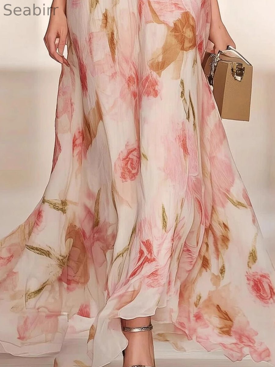 V-neck Short-sleeved Ruffled Floral Print Dress