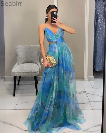 Elegant Painted Floral Print V-Neck A-Line Maxi Dress