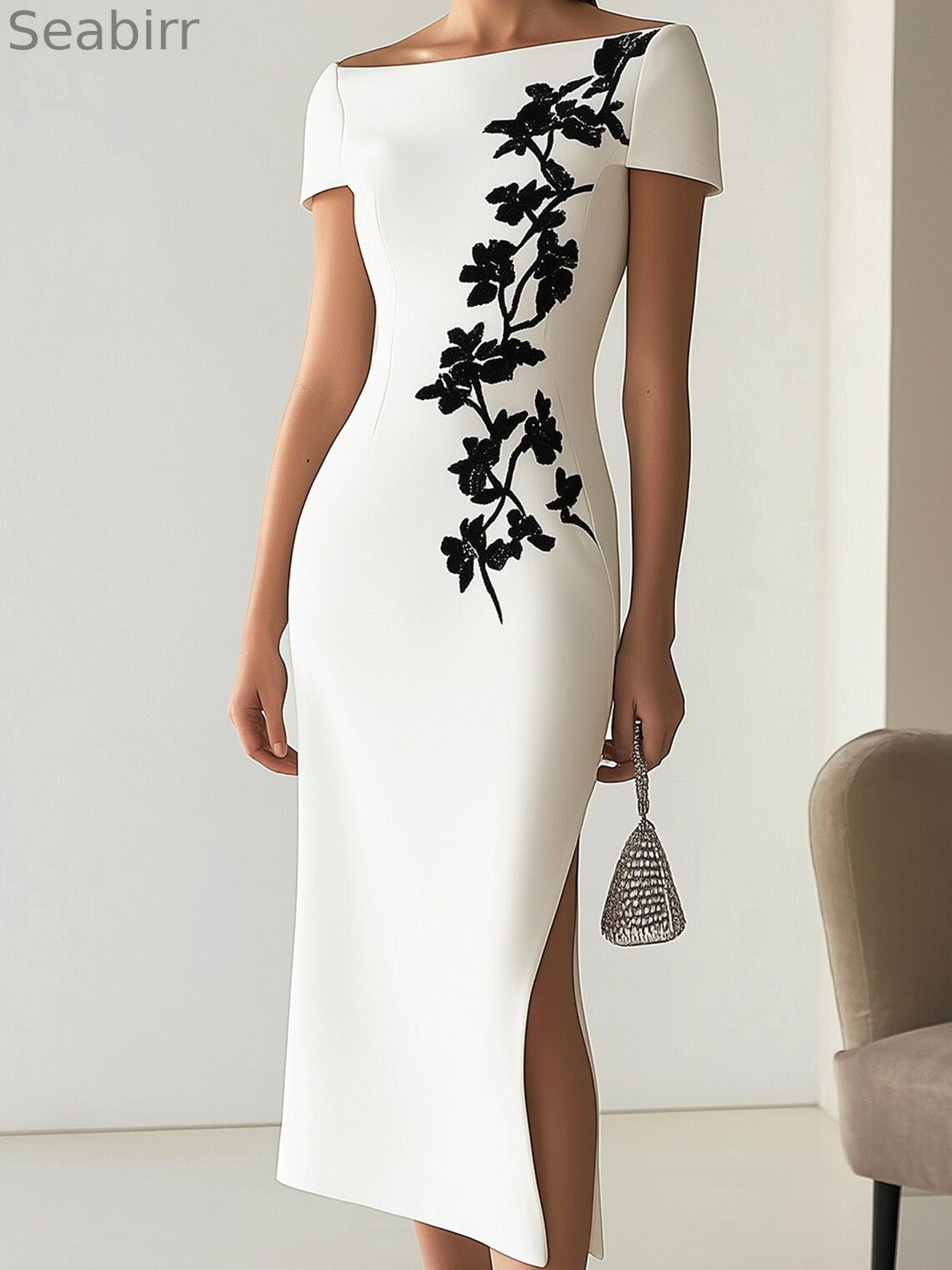 Chic Boatneck Dress with Asymmetrical Floral Print