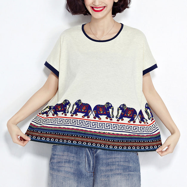 weißer lässiger Baumwollpullover mit Tiermuster in Übergröße, kurzärmeliges T-Shirt