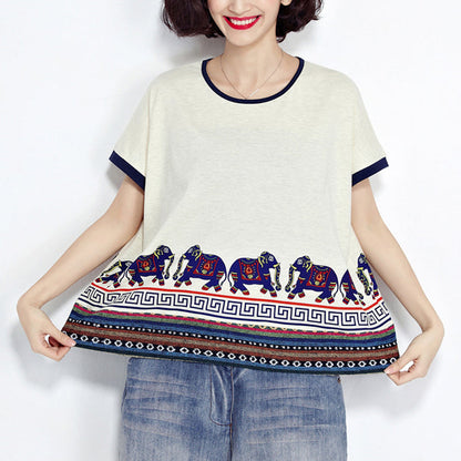 weißer lässiger Baumwollpullover mit Tiermuster in Übergröße, kurzärmeliges T-Shirt