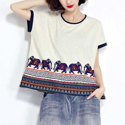 weißer lässiger Baumwollpullover mit Tiermuster in Übergröße, kurzärmeliges T-Shirt