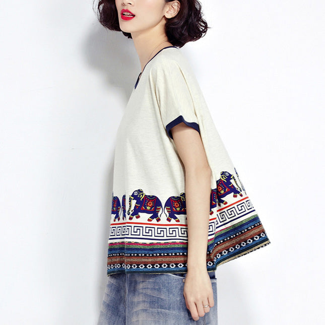 weißer lässiger Baumwollpullover mit Tiermuster in Übergröße, kurzärmeliges T-Shirt