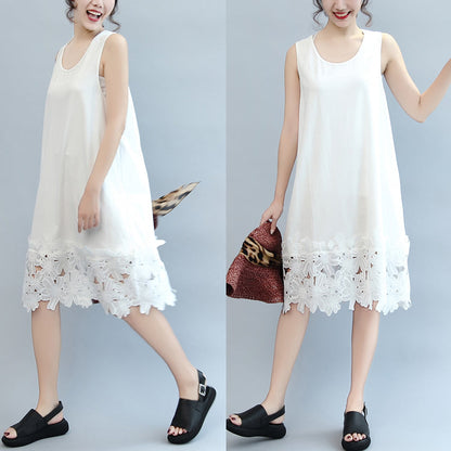 weiße lässige Baumwollkleider Plus Size Sommerkleid ärmelloses Maxikleid