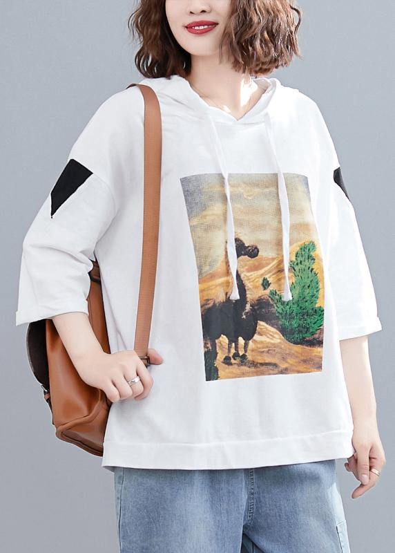 white casual prints hoode blouse women casual half sleeve tops - SooLinen