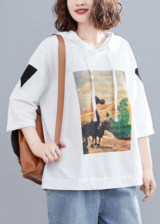 white casual prints hoode blouse women casual half sleeve tops - SooLinen