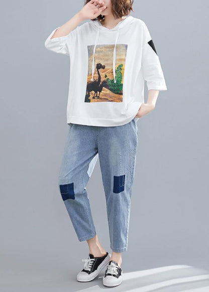 white casual prints hoode blouse women casual half sleeve tops - SooLinen