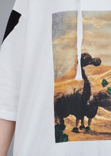 white casual prints hoode blouse women casual half sleeve tops - SooLinen