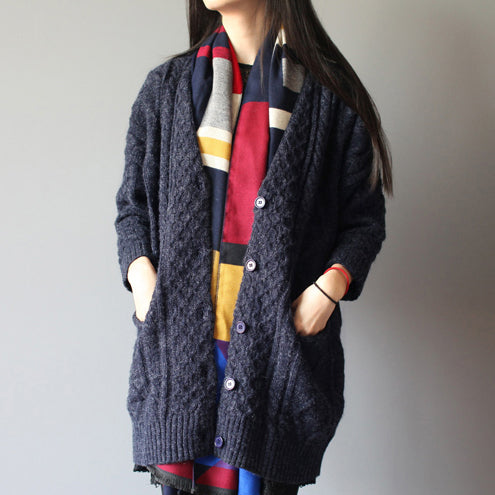 Winter Baggy Loose Navy Wollmischstrickjacken Plus Size Taschen Zopfmuster Pullover Mantel