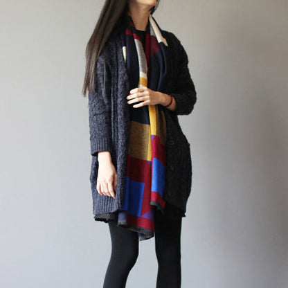 Winter Baggy Loose Navy Wollmischstrickjacken Plus Size Taschen Zopfmuster Pullover Mantel