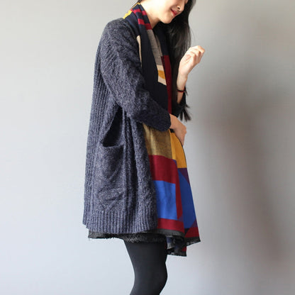 Winter Baggy Loose Navy Wollmischstrickjacken Plus Size Taschen Zopfmuster Pullover Mantel