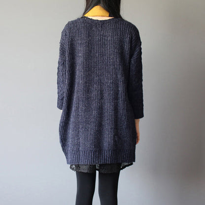 Winter Baggy Loose Navy Wollmischstrickjacken Plus Size Taschen Zopfmuster Pullover Mantel