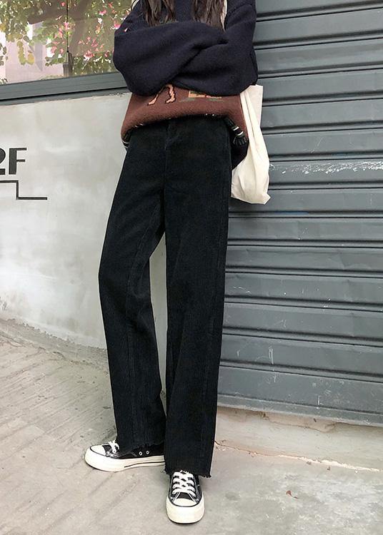 winter black wild trousers corduroy casual wide leg pants - SooLinen