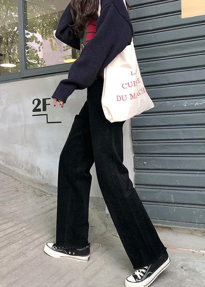 winter black wild trousers corduroy casual wide leg pants - SooLinen