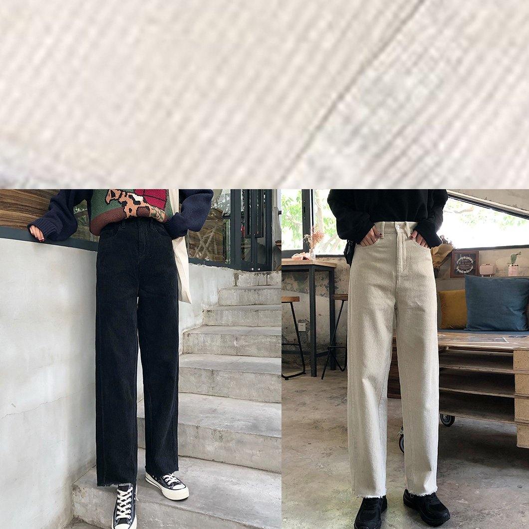 winter black wild trousers corduroy casual wide leg pants - SooLinen