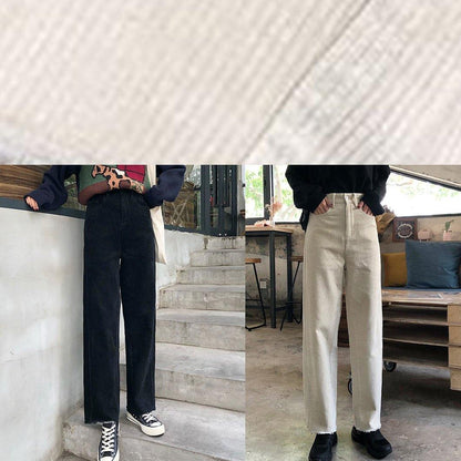 winter black wild trousers corduroy casual wide leg pants - SooLinen