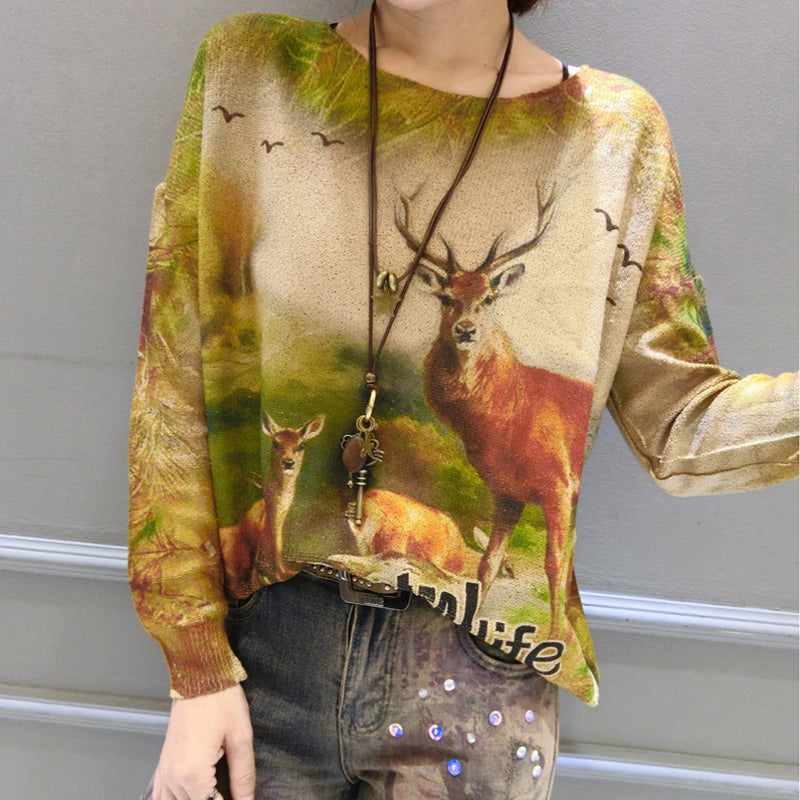 Winter lässiger Animalprint stylischer Pullover Oversize Damen Fledermausärmel Stricktops