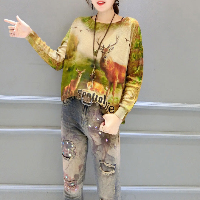 Winter lässiger Animalprint stylischer Pullover Oversize Damen Fledermausärmel Stricktops