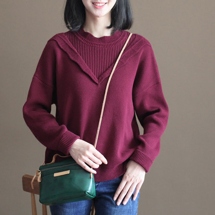 Winter lässig Burgund Spitzenkragen Baumwollpullover lose warme Strickoberteile