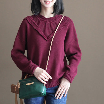 Winter lässig Burgund Spitzenkragen Baumwollpullover lose warme Strickoberteile