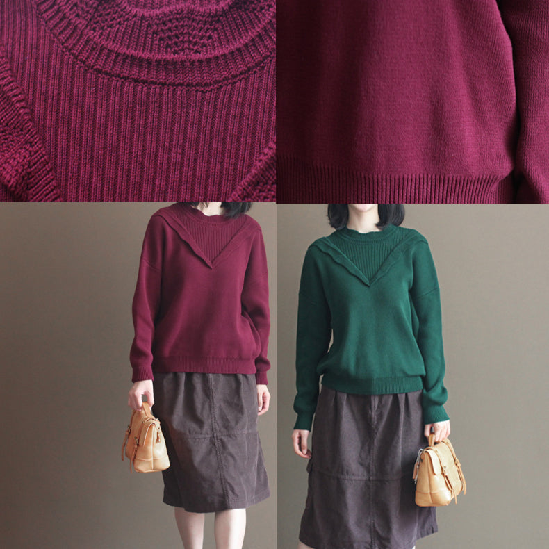 Winter lässig Burgund Spitzenkragen Baumwollpullover lose warme Strickoberteile