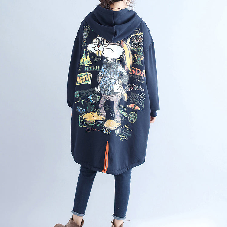 Winter lässige Baumwoll-Cardigans Oversize Navy Mode Kapuzenmäntel zurück Cartoon-Drucke