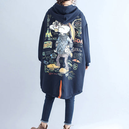 Winter lässige Baumwoll-Cardigans Oversize Navy Mode Kapuzenmäntel zurück Cartoon-Drucke