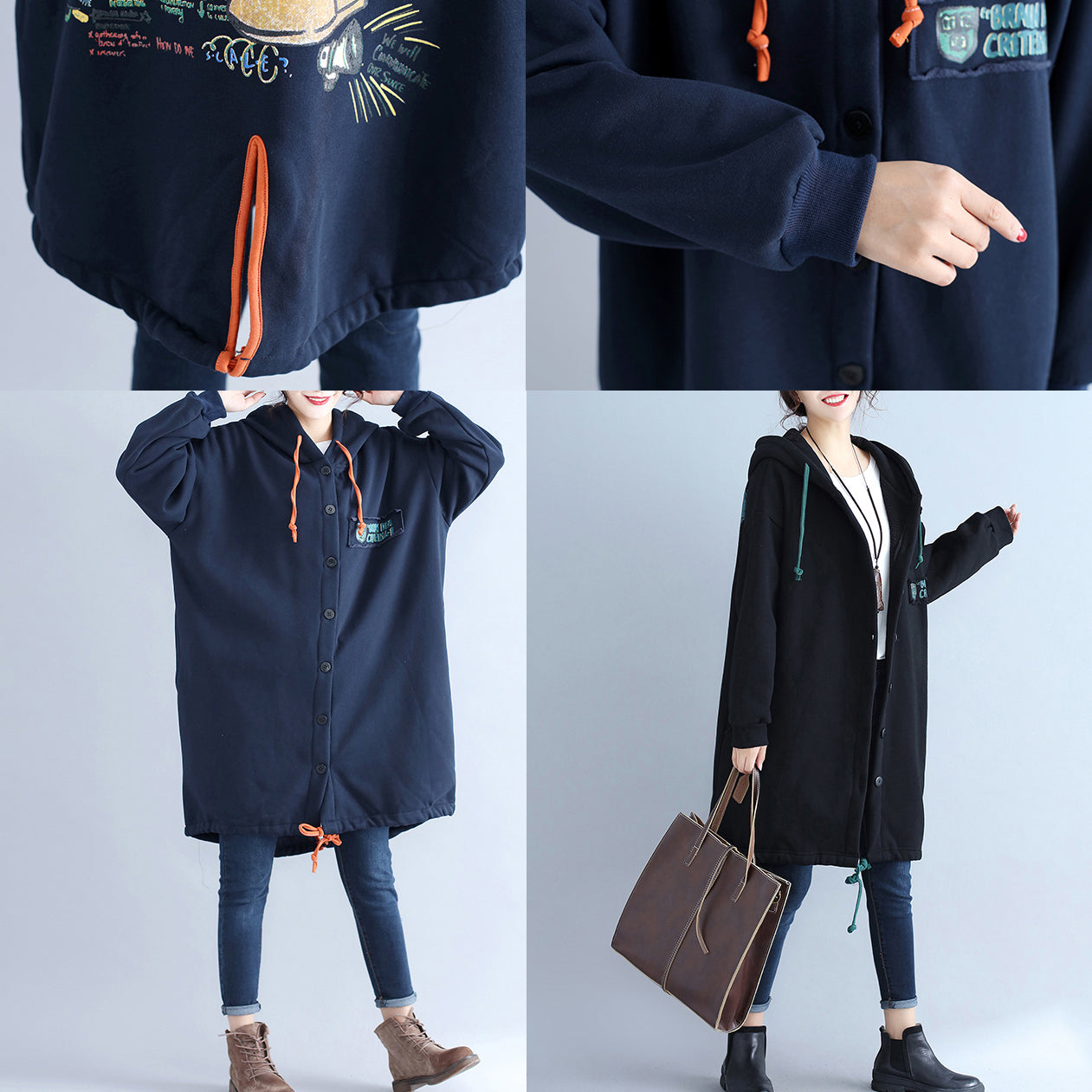 Winter lässige Baumwoll-Cardigans Oversize Navy Mode Kapuzenmäntel zurück Cartoon-Drucke