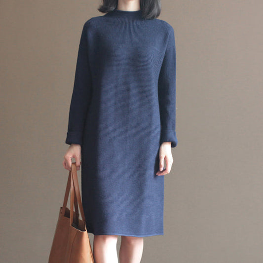 Winter dunkelblau kurze Baumwolle gemischt Pullover Kleider plus Größe lässige Strickkleid