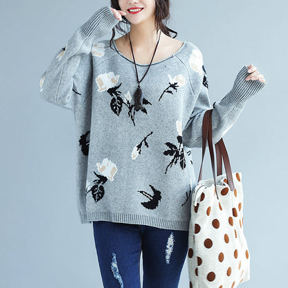 Winter graue Drucke Kaninchenfell Pullover Pullover Oversize Langarm Strick Tops