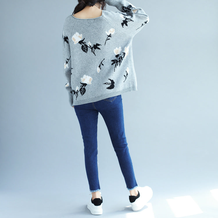 Winter graue Drucke Kaninchenfell Pullover Pullover Oversize Langarm Strick Tops