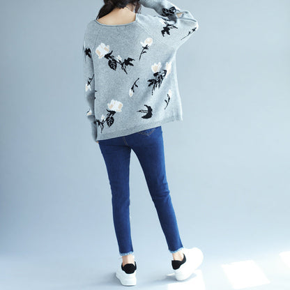 Winter graue Drucke Kaninchenfell Pullover Pullover Oversize Langarm Strick Tops