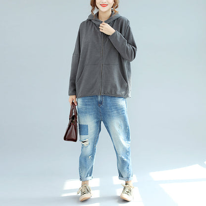Winter neue graue Reißverschluss Baumwollmäntel mit Kapuze plus Größe beiläufige kurze